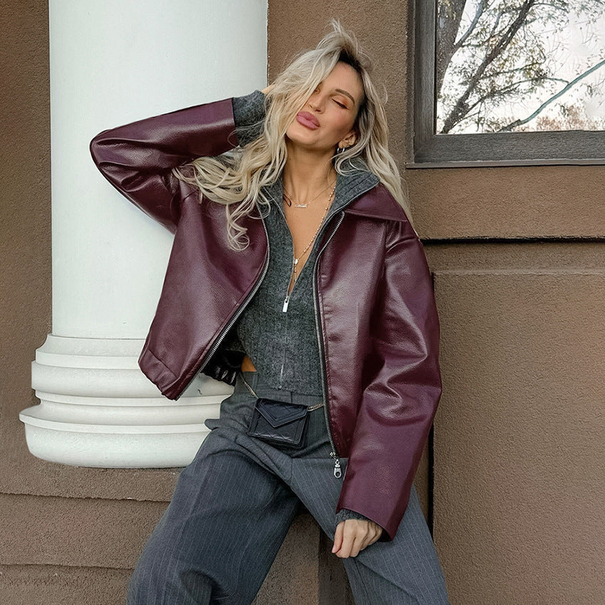 Veste en Similicuir Rouge Bordeaux Style Biker Rétro - Aurelles