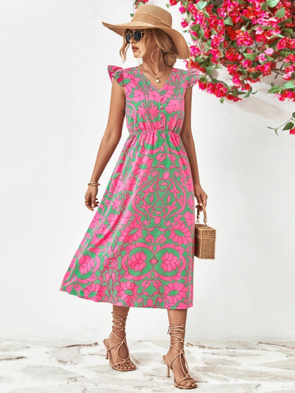 Robe à Imprimé Floral pour Femme - Décolleté en V - Manches Courtes Volantes - Ourlet Asymétrique en A