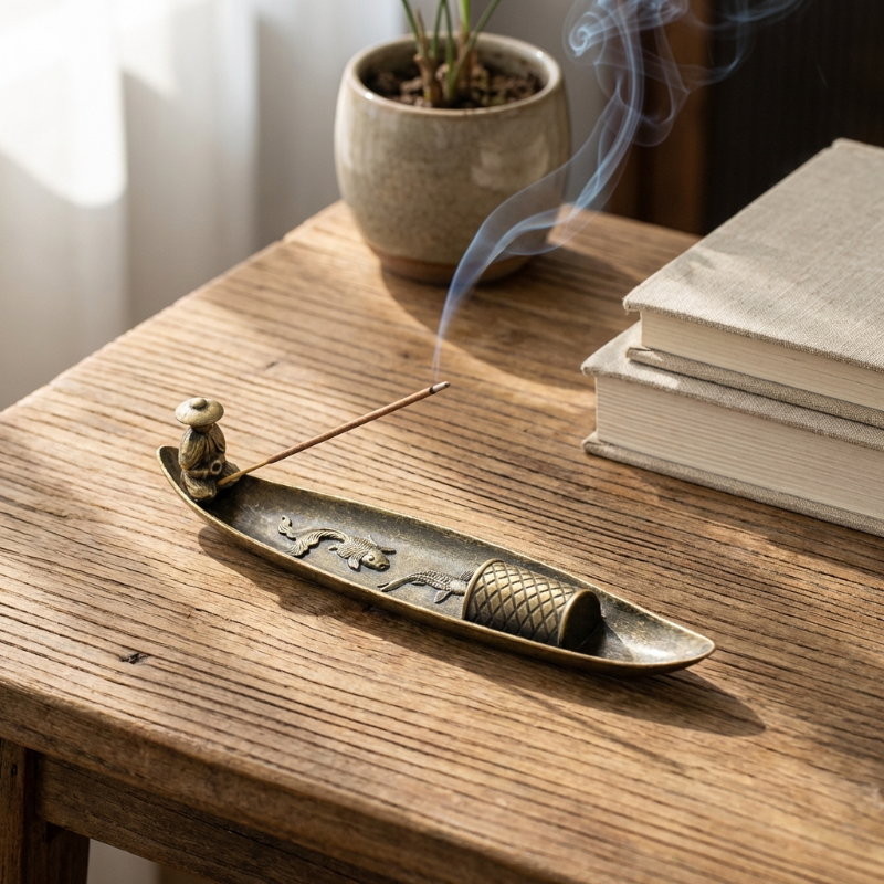 Porte-Encens Sculptural en Métal Forme Barque de Pêche Asiatique Traditionnelle pour Bâtons d'Encens et Méditation