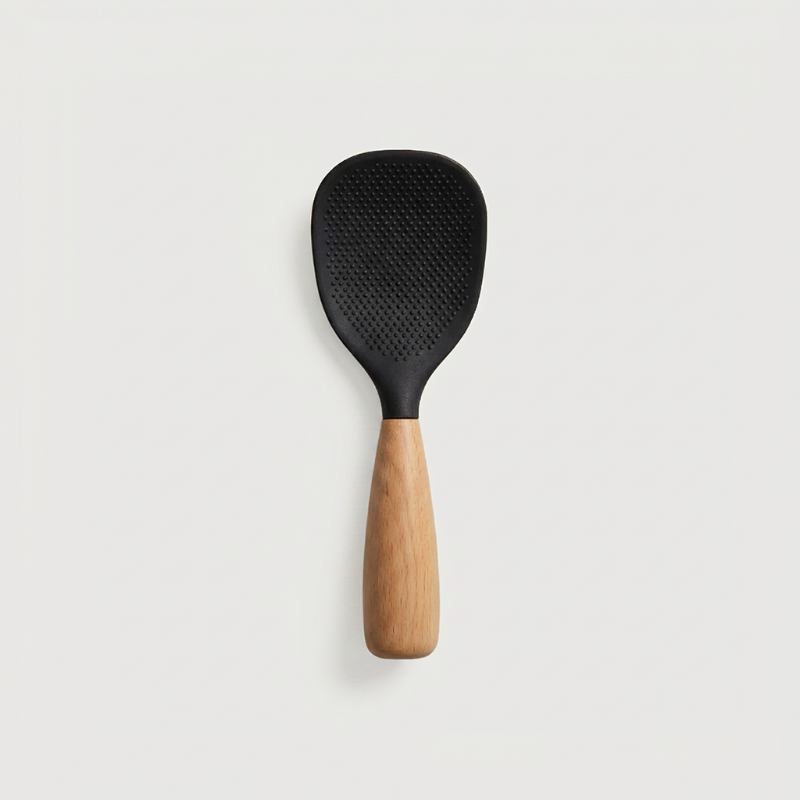 Pelle à Riz en Silicone Anti-Adhérent avec Manche en Bois Surface Texturée à Picots pour Cuisine Asiatique