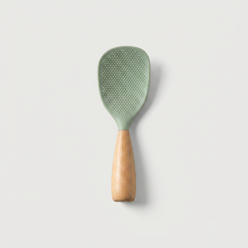 Pelle à Riz en Silicone Anti-Adhérent avec Manche en Bois Surface Texturée à Picots pour Cuisine Asiatique