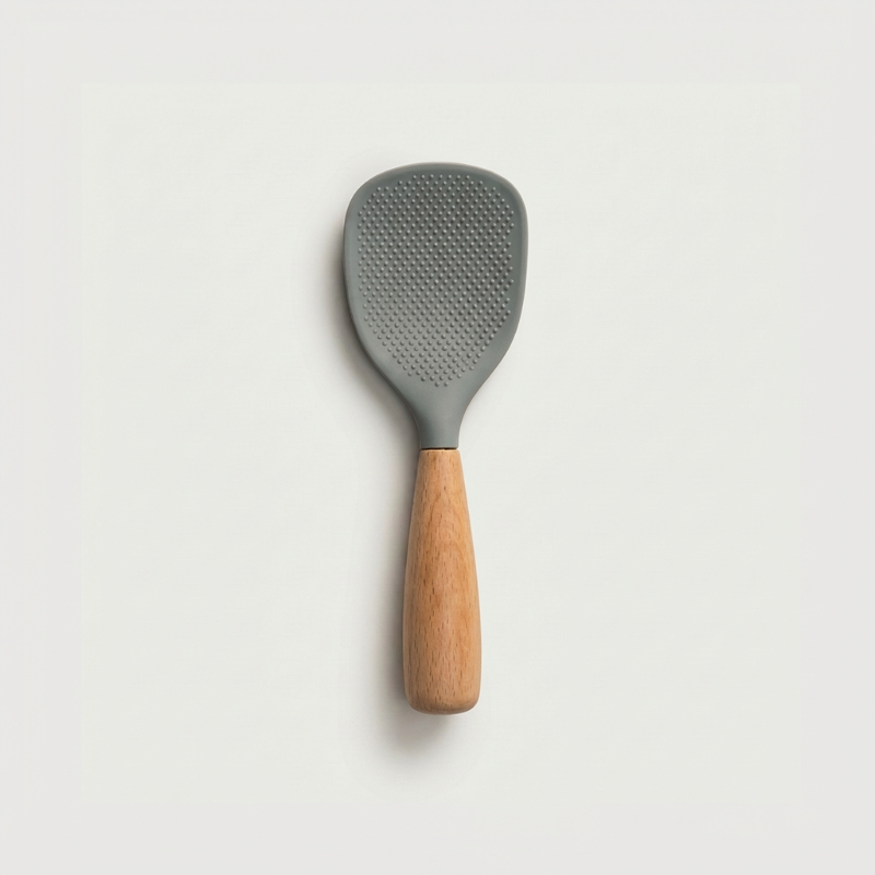 Pelle à Riz en Silicone Anti-Adhérent avec Manche en Bois Surface Texturée à Picots pour Cuisine Asiatique