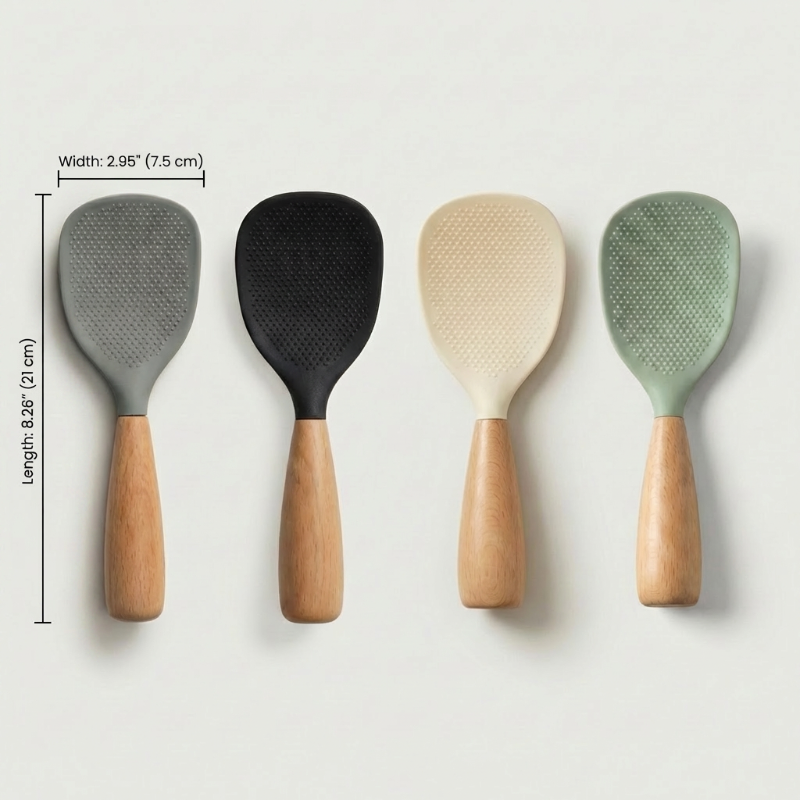 Pelle à Riz en Silicone Anti-Adhérent avec Manche en Bois Surface Texturée à Picots pour Cuisine Asiatique