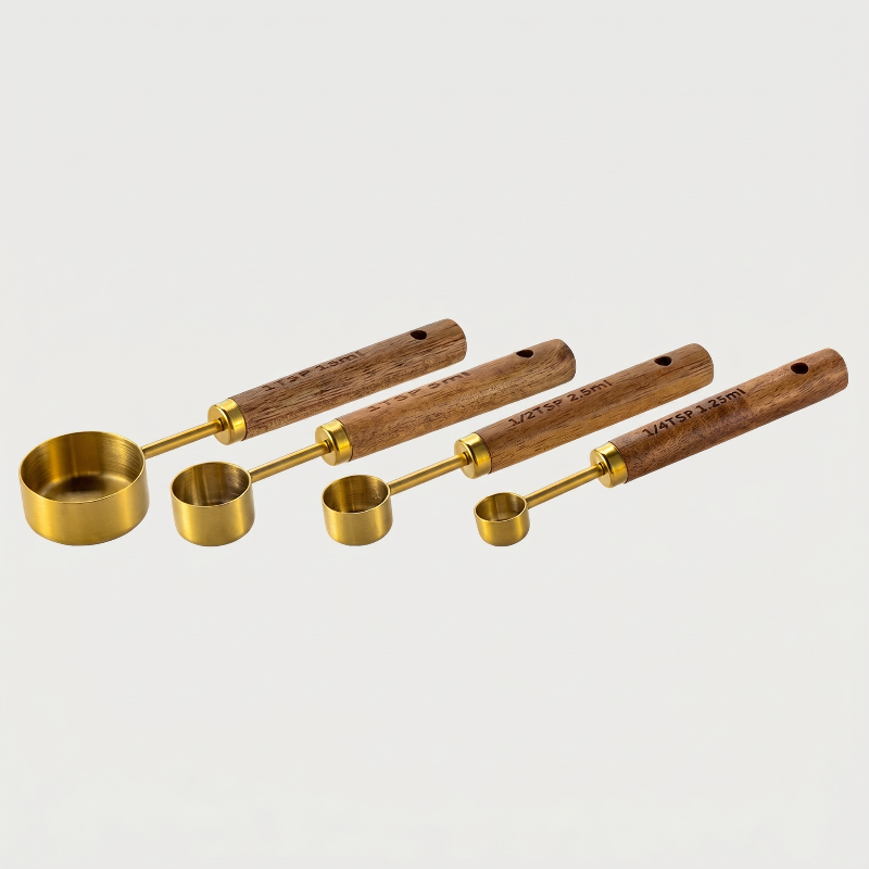 Set de 4 Cuillères Doseuses en Acier Inoxydable avec Manches en Bois Naturel pour Pâtisserie et Cuisine