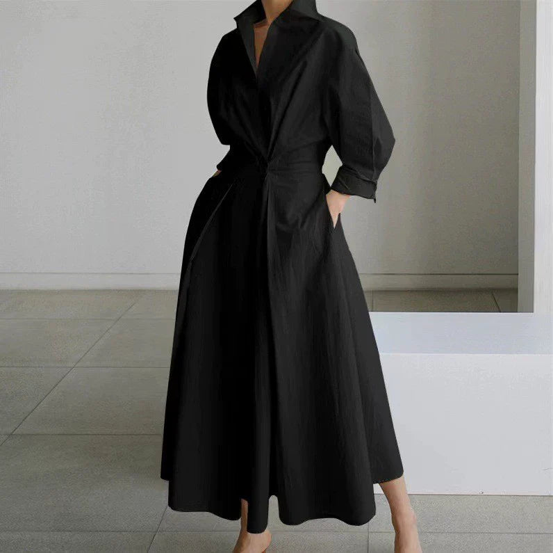 Robe Chemise Femme – Boutonnée – Taille Cintrée – Coupe Évasée – Manches Longues – Poches