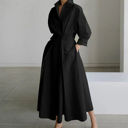 Robe Chemise Femme – Boutonnée – Taille Cintrée – Coupe Évasée – Manches Longues – Poches