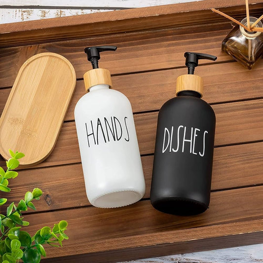 Duo de Distributeurs à Savon en Verre Mat avec Pompe Bambou Plateau Assorti pour Cuisine et Salle de Bain