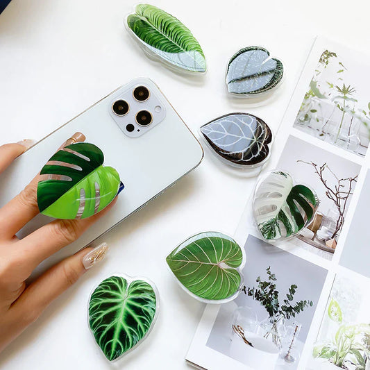 Support Adhésif pour Téléphone en Forme de Feuille de Plante avec Impression Réaliste Poignée et Béquille Pliable