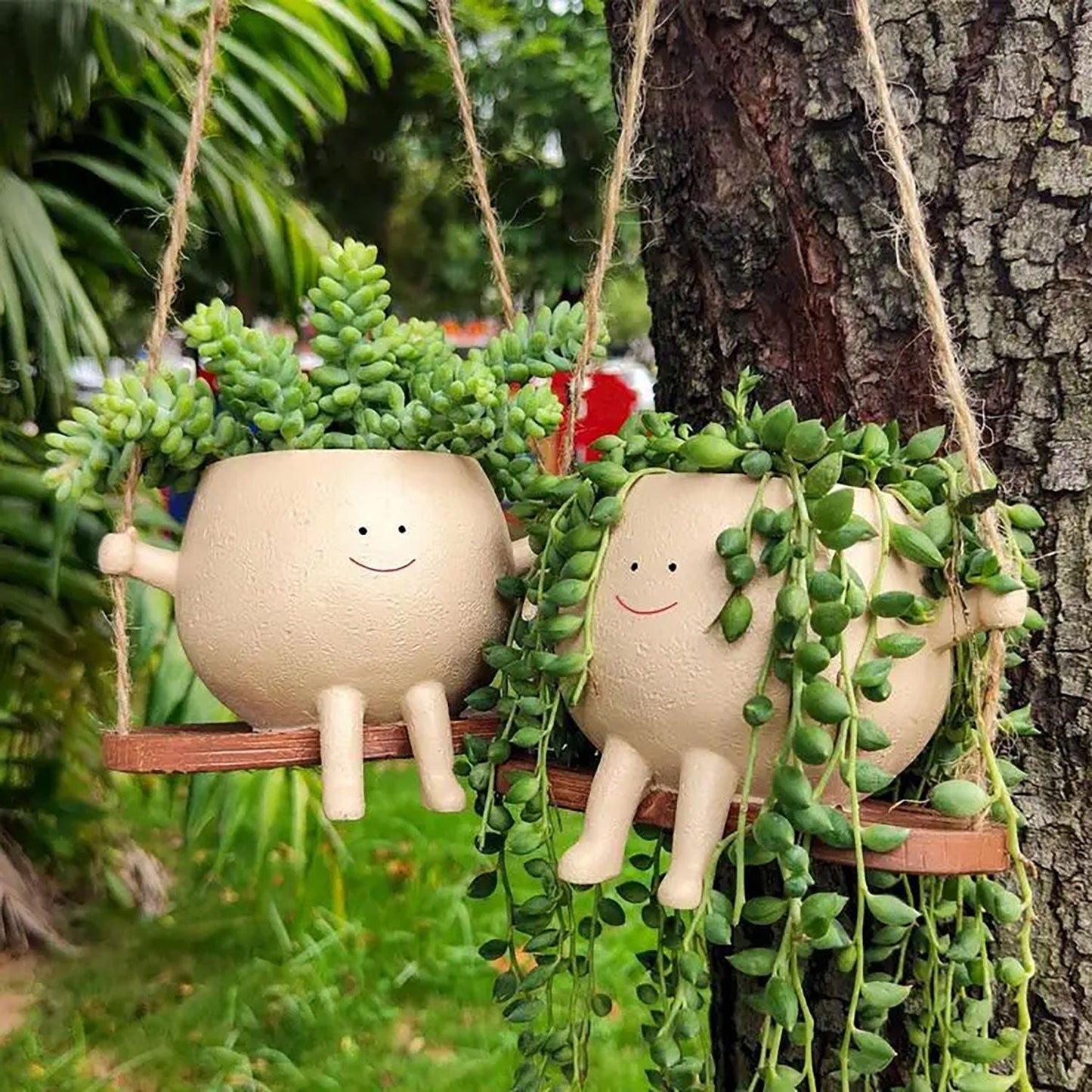Pot de Fleurs Suspendu en Résine à Visage Souriant sur Balançoire pour Plantes Succulentes et Cactus