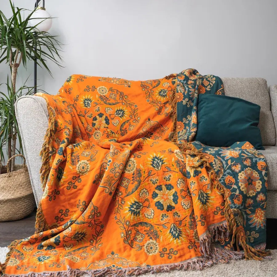 Terra – Plaid Réversible en Coton Motif Oiseaux Scandinaves