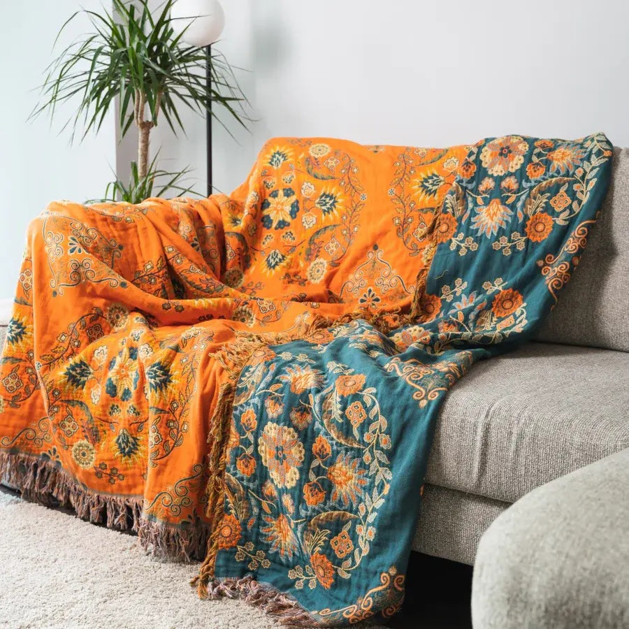 Terra – Plaid Réversible en Coton Motif Oiseaux Scandinaves