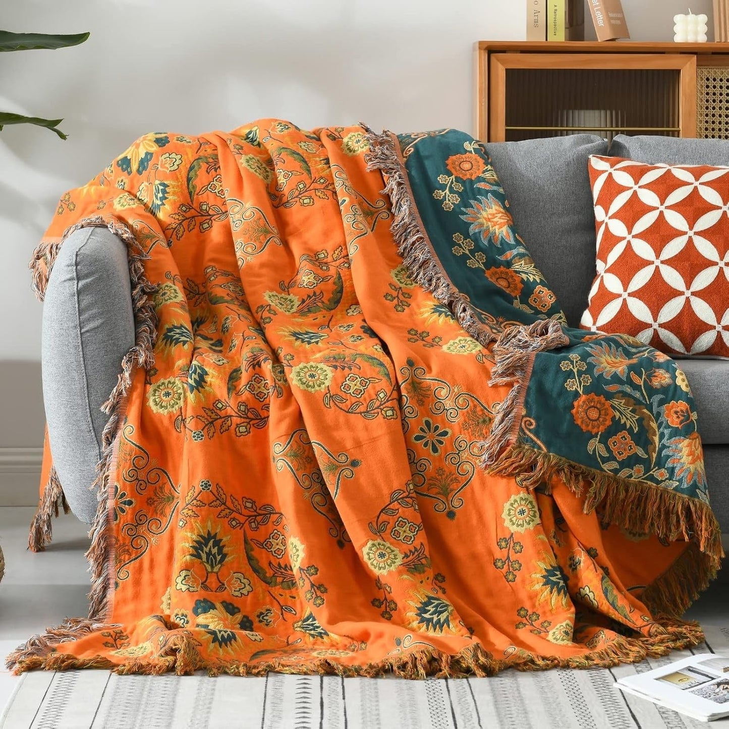 Terra – Plaid Réversible en Coton Motif Oiseaux Scandinaves