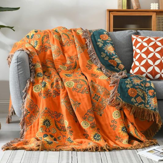 Terra – Plaid Réversible en Coton Motif Oiseaux Scandinaves