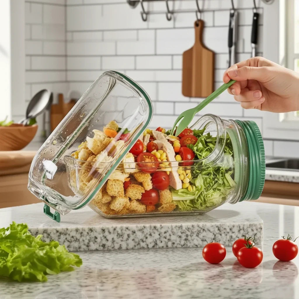 Bocal Shaker à Salade en Verre avec Compartiment à Sauce Étanche pour Déjeuner Nomade Meal Prep et Bureau