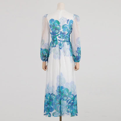 Robe Midi Femme – Col V – Taille Smockée – Manches Longues – Coupe Élégante Légère