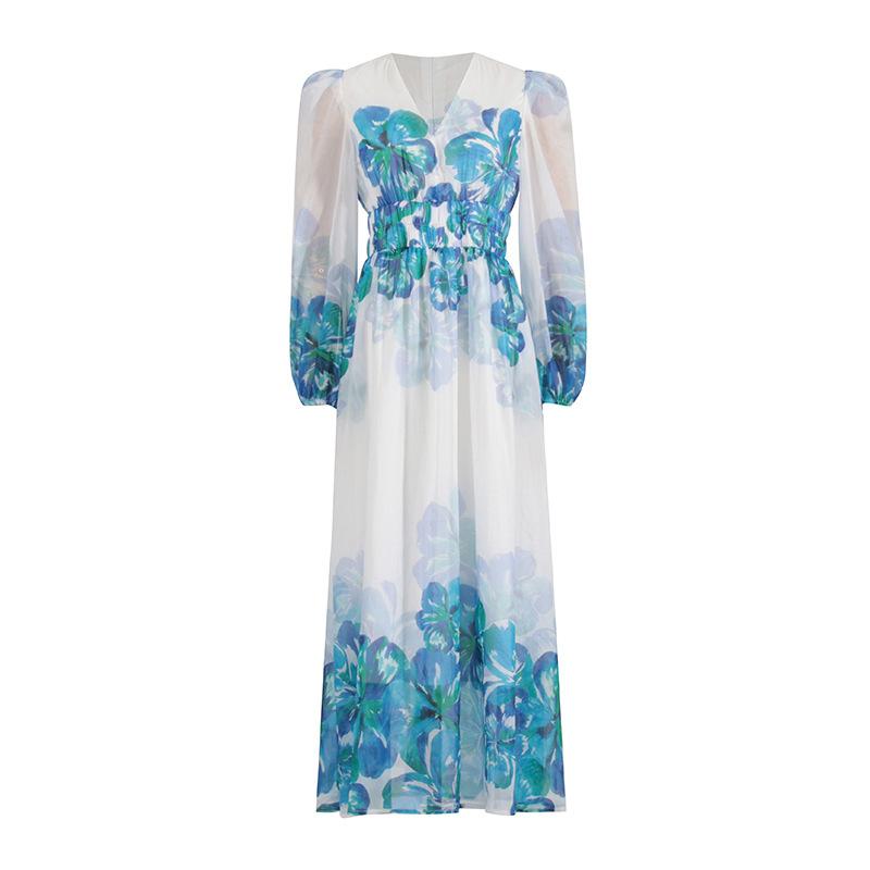 Robe Midi Femme – Col V – Taille Smockée – Manches Longues – Coupe Élégante Légère