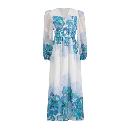Robe Midi Femme – Col V – Taille Smockée – Manches Longues – Coupe Élégante Légère