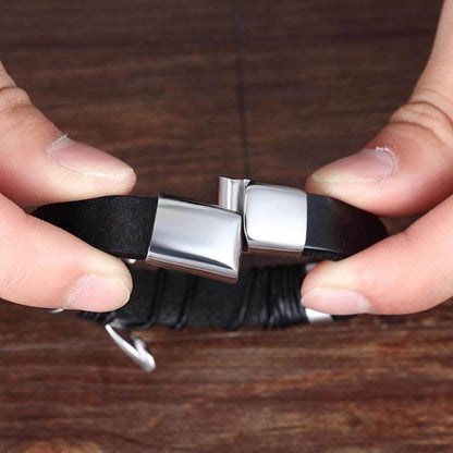 Men's Multi-Layer Braided Leather Bracelet with Stainless Steel Magnetic Clasp