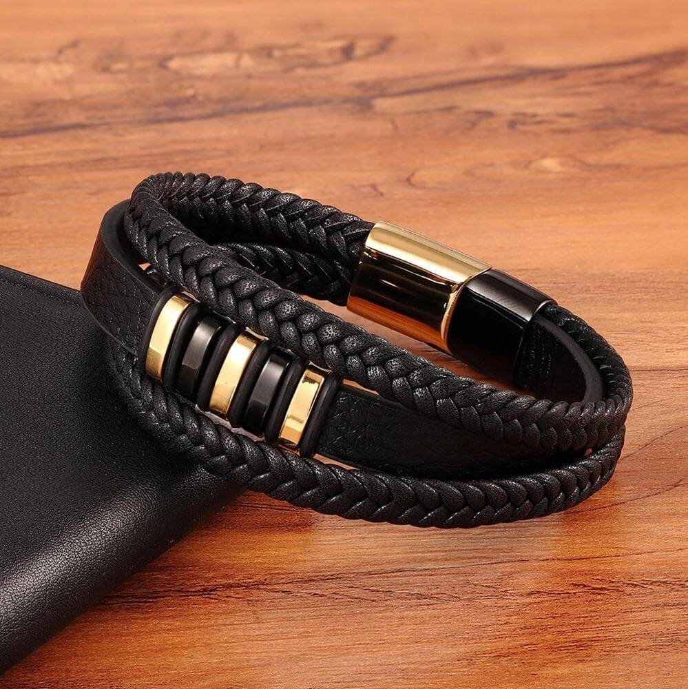 Men's Multi-Layer Braided Leather Bracelet with Stainless Steel Magnetic Clasp