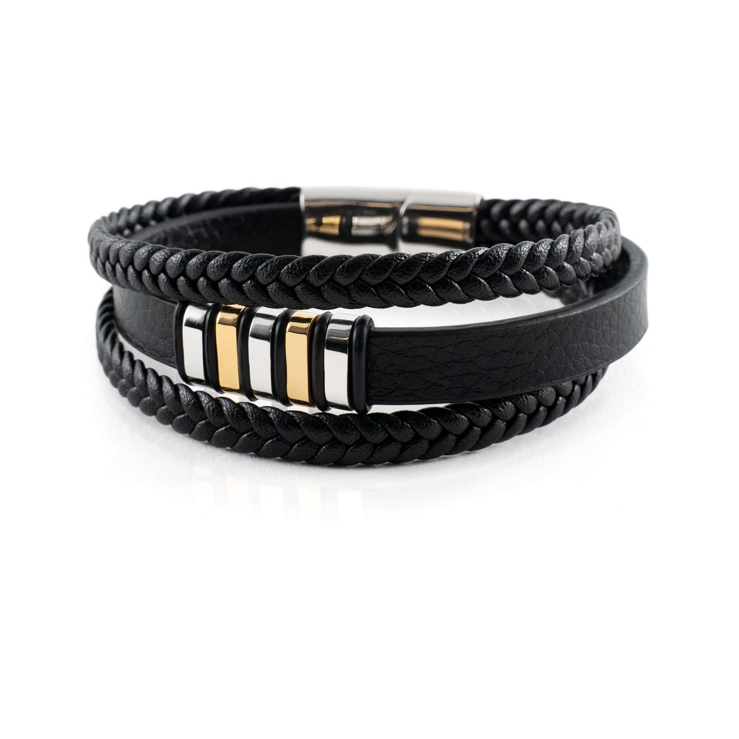 Men's Multi-Layer Braided Leather Bracelet with Stainless Steel Magnetic Clasp