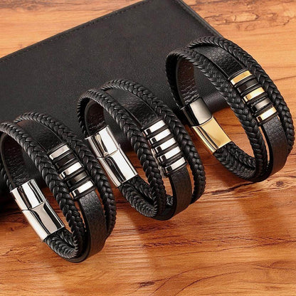 Men's Multi-Layer Braided Leather Bracelet with Stainless Steel Magnetic Clasp
