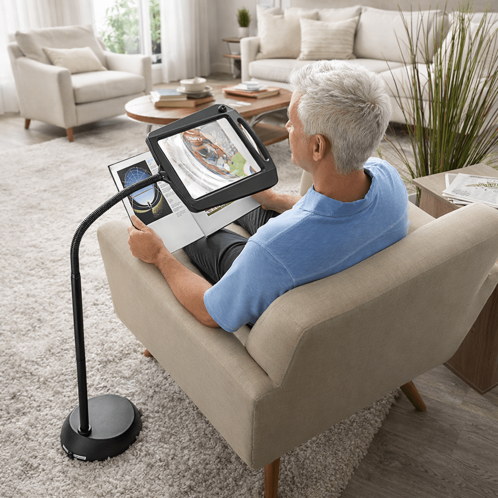Floor Lamp Magnifier with Gooseneck Arm Integrated LED and 3x Magnification Full-Page Lens