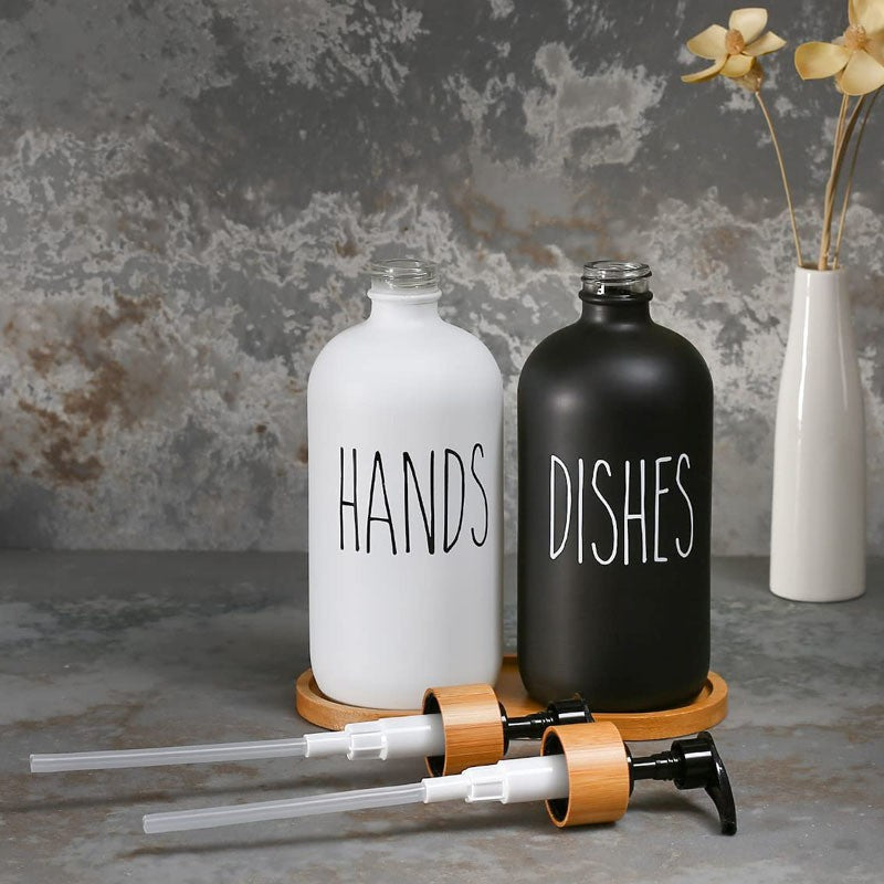 Duo de Distributeurs à Savon en Verre Mat avec Pompe Bambou Plateau Assorti pour Cuisine et Salle de Bain