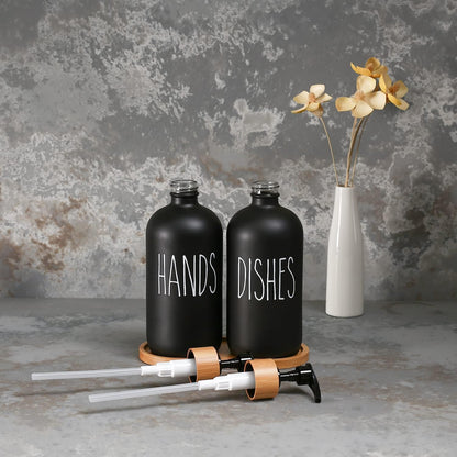 Duo de Distributeurs à Savon en Verre Mat avec Pompe Bambou Plateau Assorti pour Cuisine et Salle de Bain