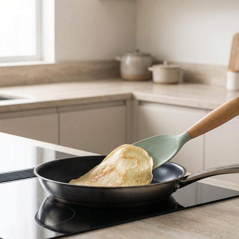 Pelle à Riz en Silicone Anti-Adhérent avec Manche en Bois Surface Texturée à Picots pour Cuisine Asiatique