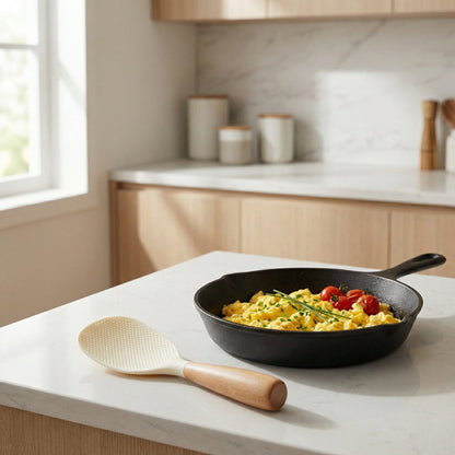 Pelle à Riz en Silicone Anti-Adhérent avec Manche en Bois Surface Texturée à Picots pour Cuisine Asiatique