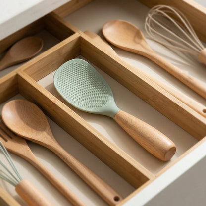 Pelle à Riz en Silicone Anti-Adhérent avec Manche en Bois Surface Texturée à Picots pour Cuisine Asiatique