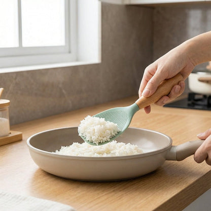 Pelle à Riz en Silicone Anti-Adhérent avec Manche en Bois Surface Texturée à Picots pour Cuisine Asiatique