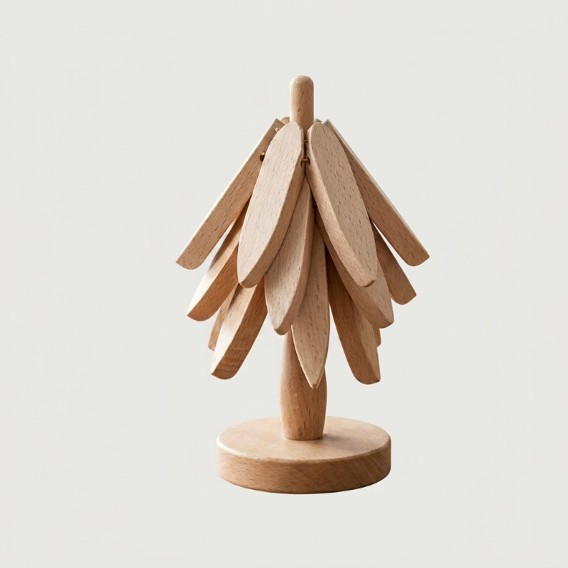 Set de Dessous de Verre en Bois Forme Feuilles Empilables sur Support Sculpté en Forme d'Arbre pour Décoration de Table