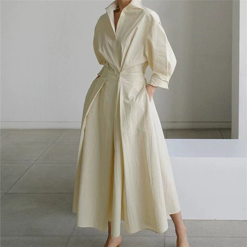 Robe Chemise Femme – Boutonnée – Taille Cintrée – Coupe Évasée – Manches Longues – Poches