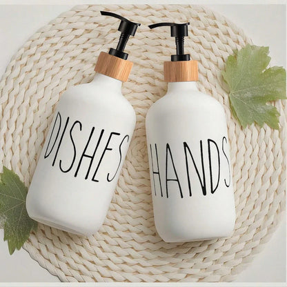 Duo de Distributeurs à Savon en Verre Mat avec Pompe Bambou Plateau Assorti pour Cuisine et Salle de Bain