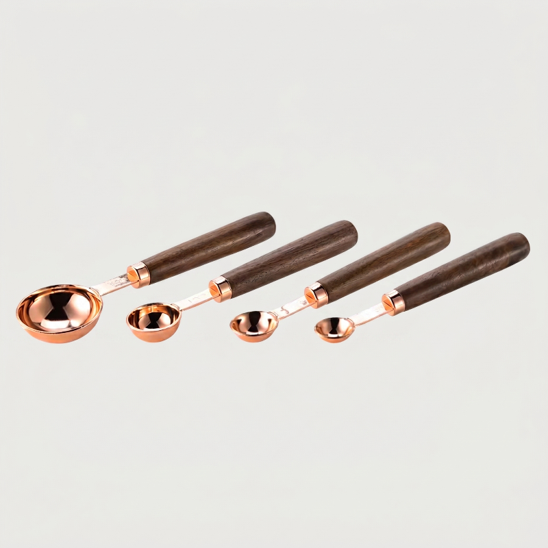 Set de 4 Cuillères Doseuses en Acier Inoxydable avec Manches en Bois Naturel pour Pâtisserie et Cuisine