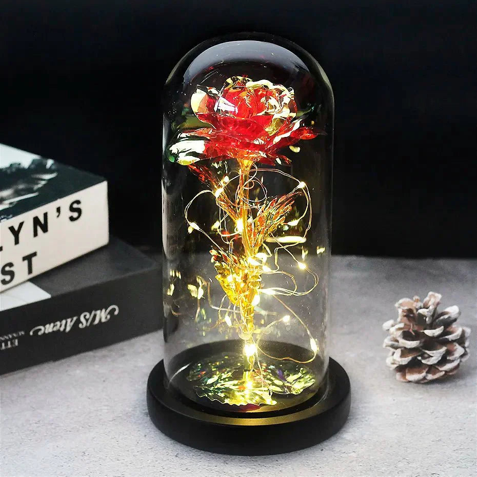 Solène – Rose Préservée sous Cloche en Verre avec LED