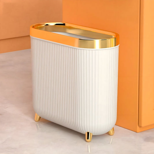 Poubelle de Salle de Bain Étroite avec Couvercle et Détails Dorés Format Compact entre WC et Meuble