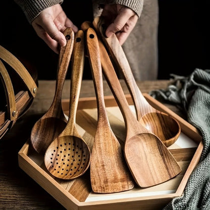 Terra – Set d’Ustensiles de Cuisine en Bois Naturel et Ergonomique (5 Pièces)