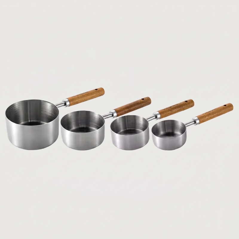 Set de 4 Cuillères Doseuses en Acier Inoxydable avec Manches en Bois Naturel pour Pâtisserie et Cuisine