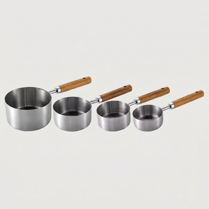 Set de 4 Cuillères Doseuses en Acier Inoxydable avec Manches en Bois Naturel pour Pâtisserie et Cuisine
