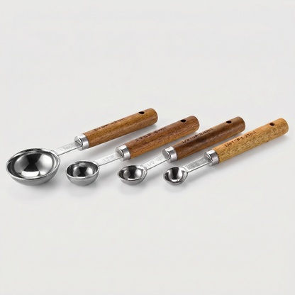 Set de 4 Cuillères Doseuses en Acier Inoxydable avec Manches en Bois Naturel pour Pâtisserie et Cuisine