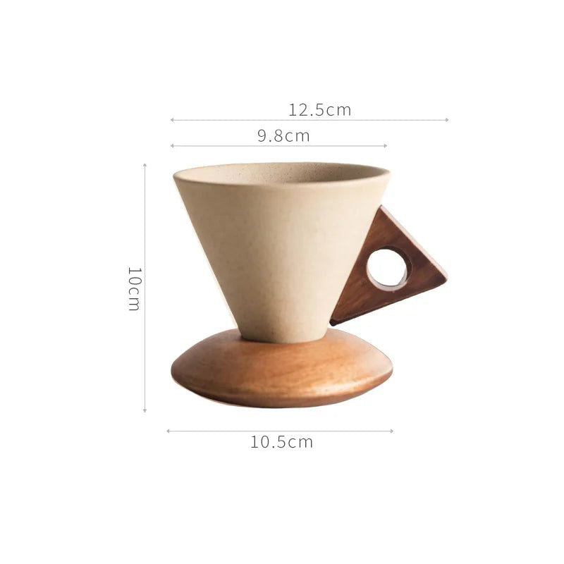 Conical Ceramic Mug with Carved Wooden Saucer for Artisanal Barista-Style Specialty Coffee