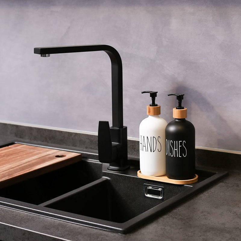 Duo de Distributeurs à Savon en Verre Mat avec Pompe Bambou Plateau Assorti pour Cuisine et Salle de Bain