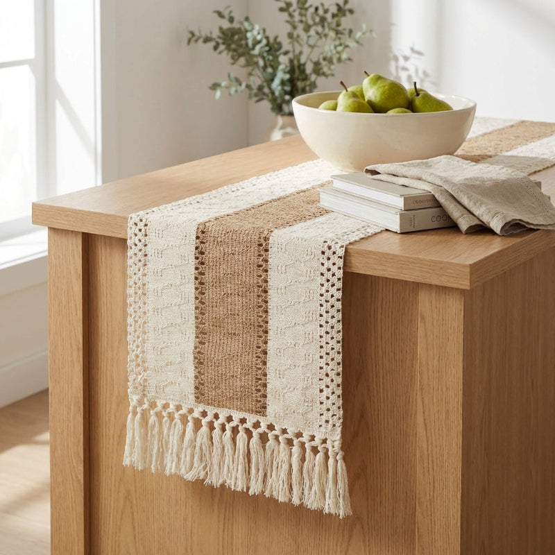 Chemin de Table en Coton-Lin Tissé à la Main avec Franges en Macramé Style Bohème Nature