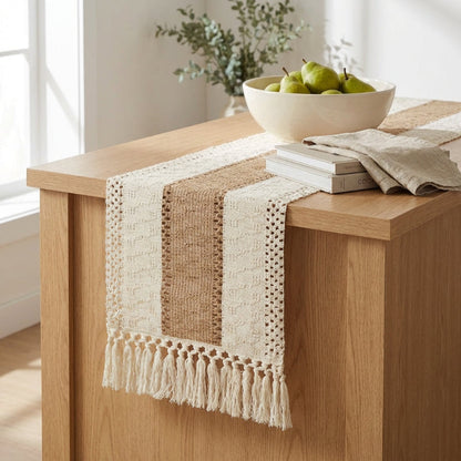 Chemin de Table en Coton-Lin Tissé à la Main avec Franges en Macramé Style Bohème Nature