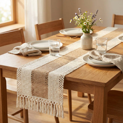 Chemin de Table en Coton-Lin Tissé à la Main avec Franges en Macramé Style Bohème Nature