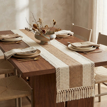 Chemin de Table en Coton-Lin Tissé à la Main avec Franges en Macramé Style Bohème Nature