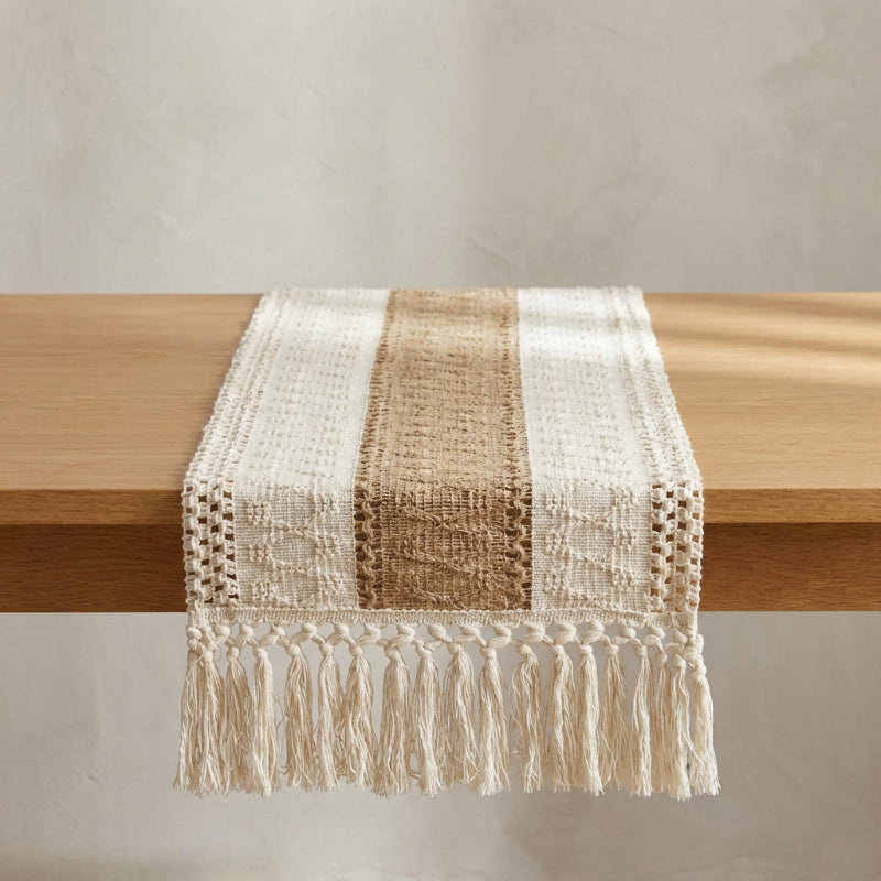 Chemin de Table en Coton-Lin Tissé à la Main avec Franges en Macramé Style Bohème Nature