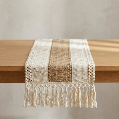 Chemin de Table en Coton-Lin Tissé à la Main avec Franges en Macramé Style Bohème Nature